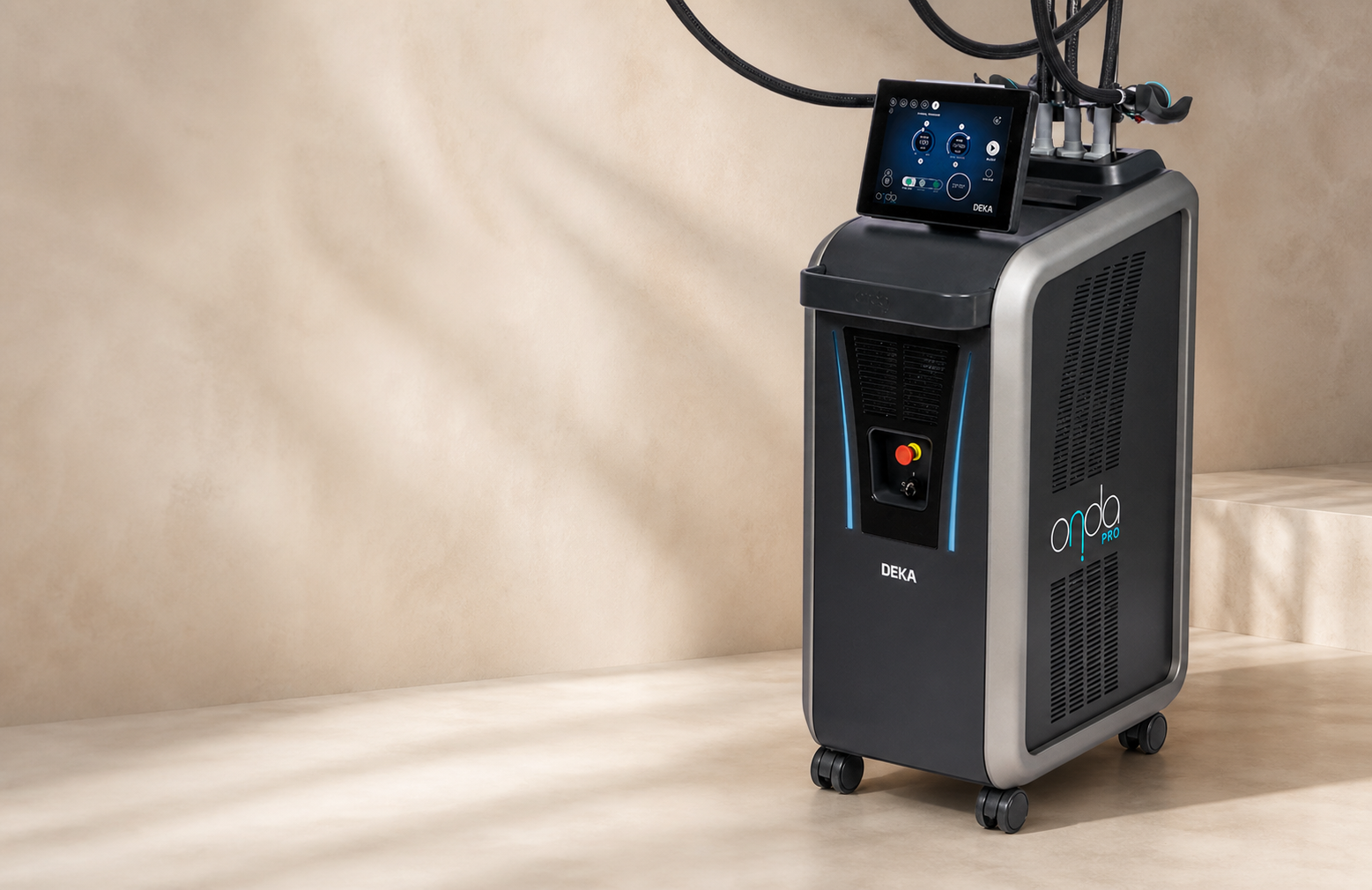 DEKA ONDA Pro Coolwaves treatment system in a warm ivory studio